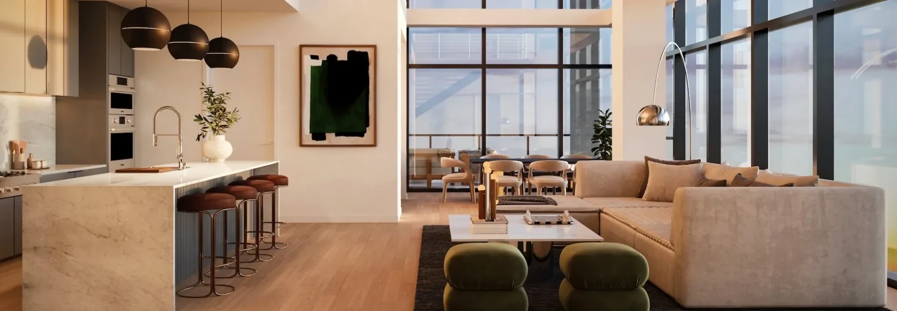 700 River penthouse open concept living room