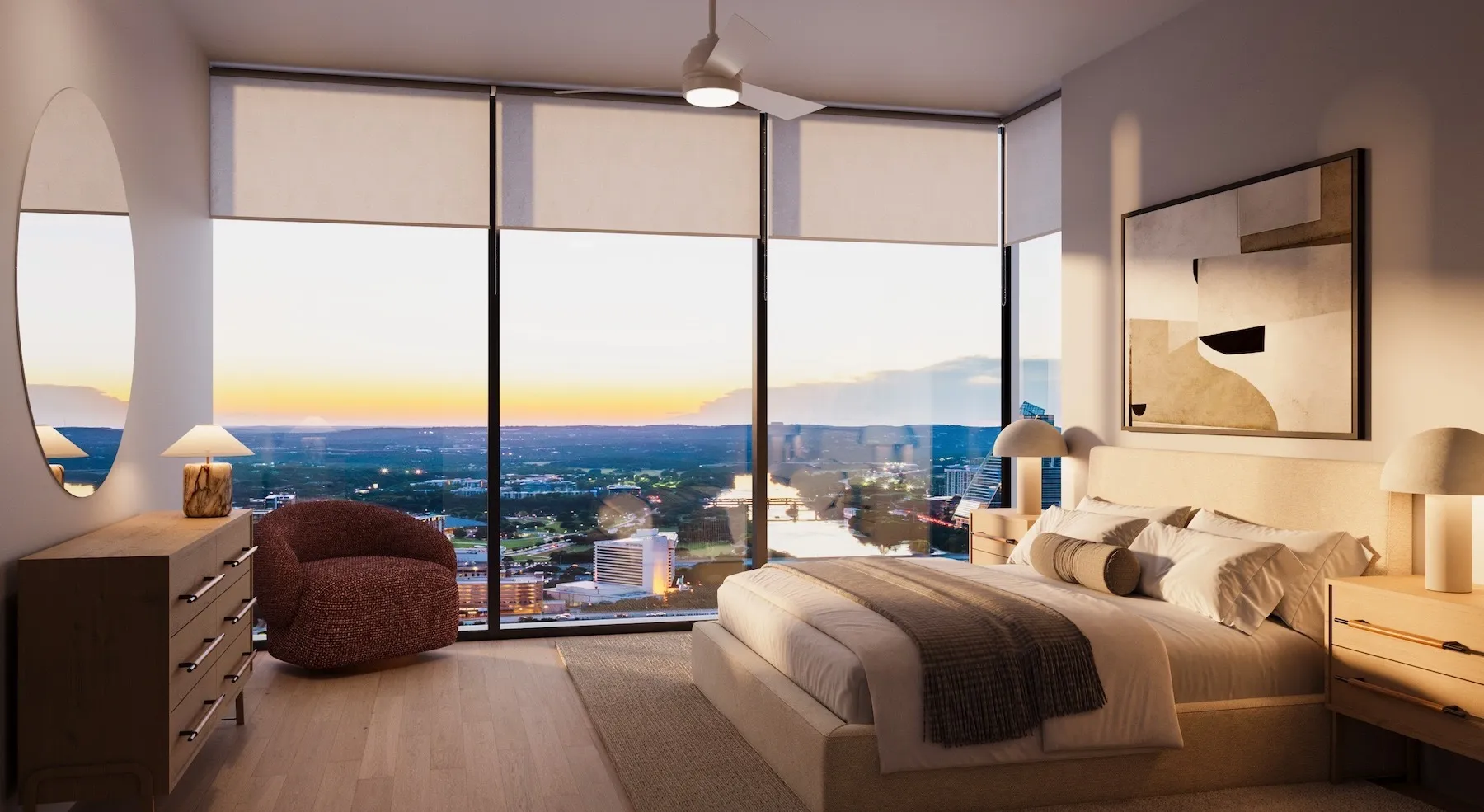 700 River penthouse bedroom with city view